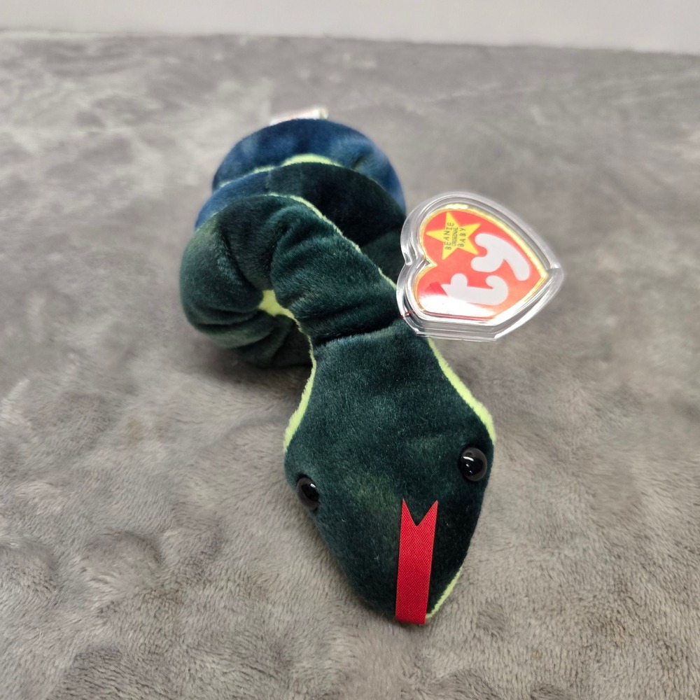 Ty Beanie Baby Hissy the Snake 1997 Teal Green‎ Coiled Plush Toy with Tags